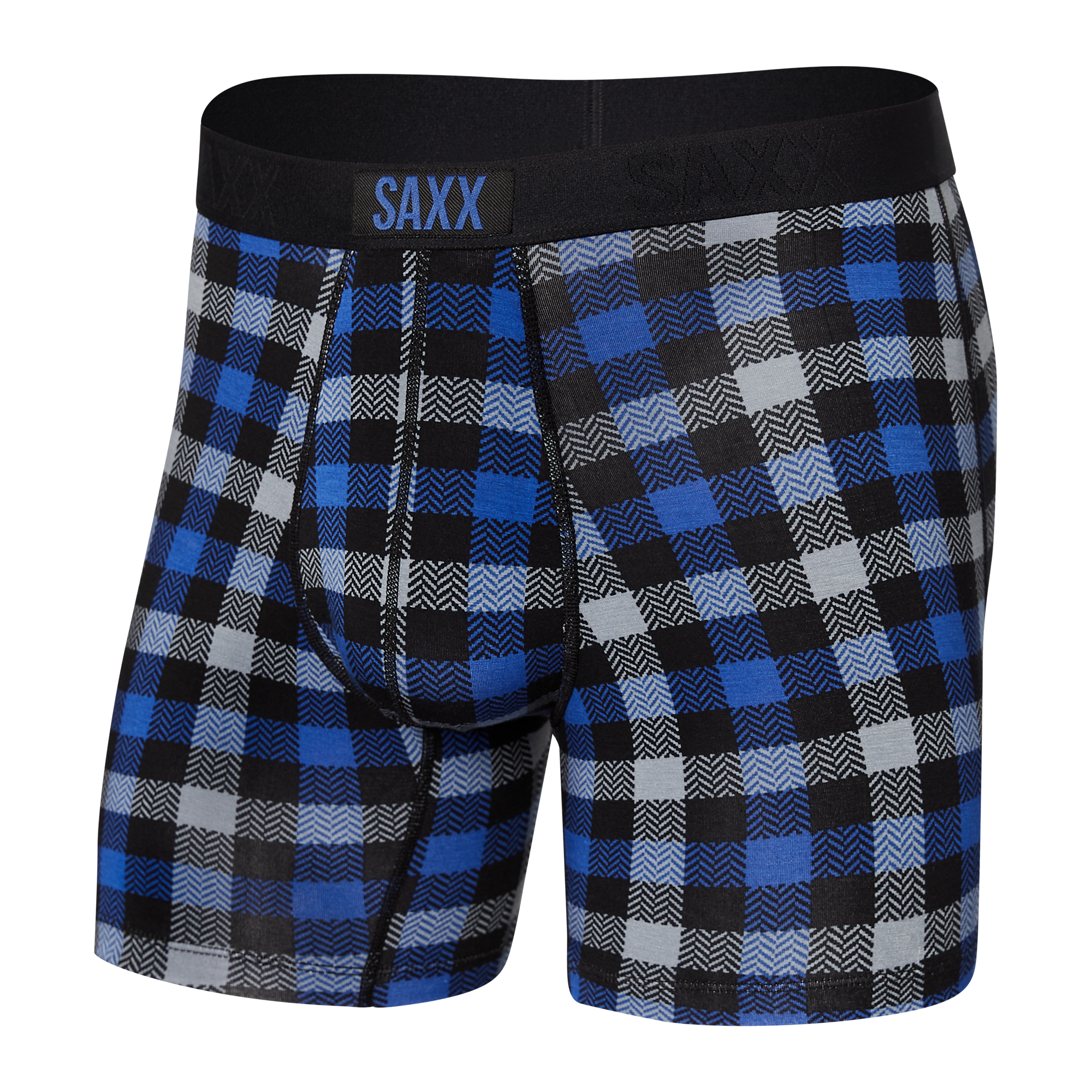 Front of Vibe Boxer Brief in Blue Flannel Check