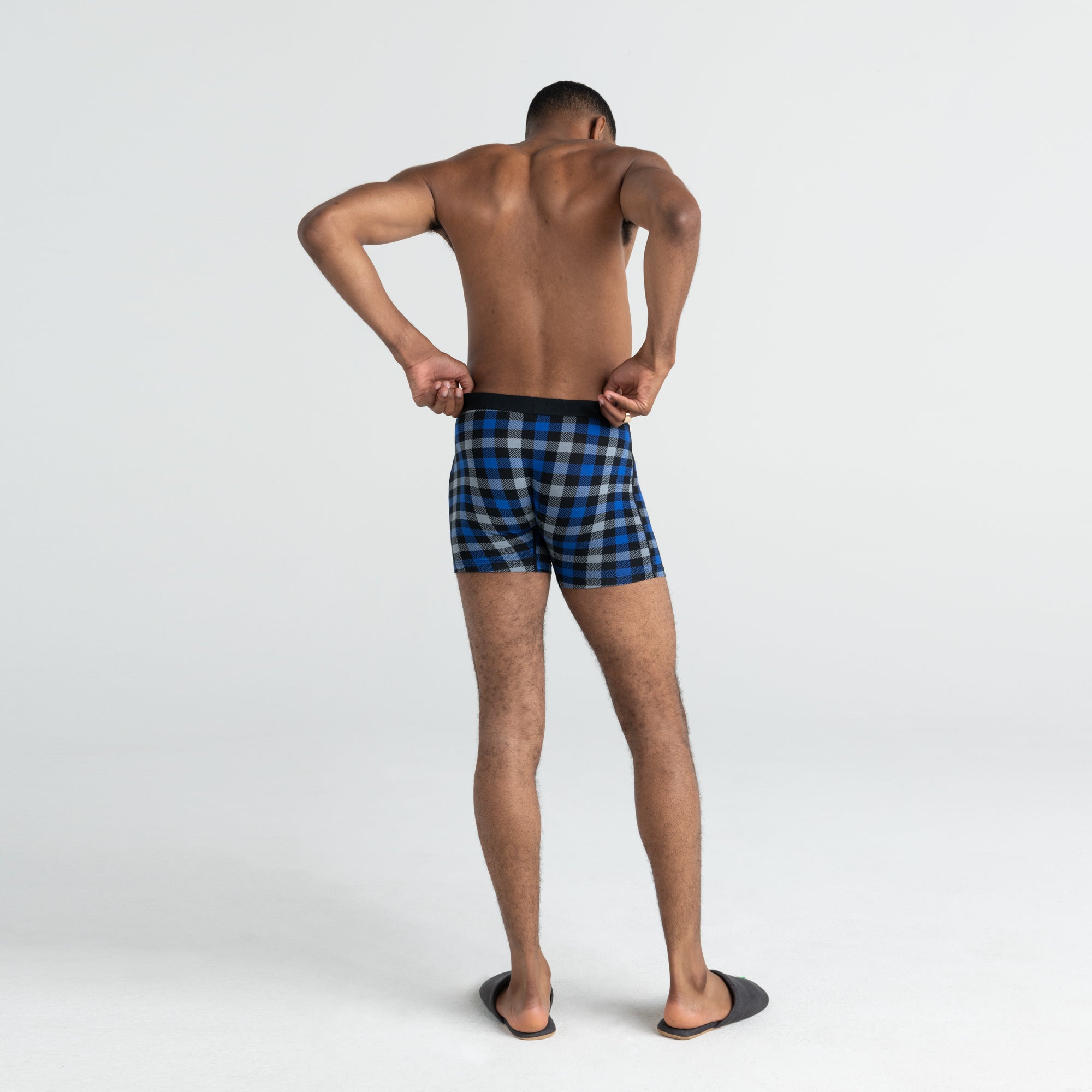 Back - Model wearing Vibe Boxer Brief in Blue Flannel Check