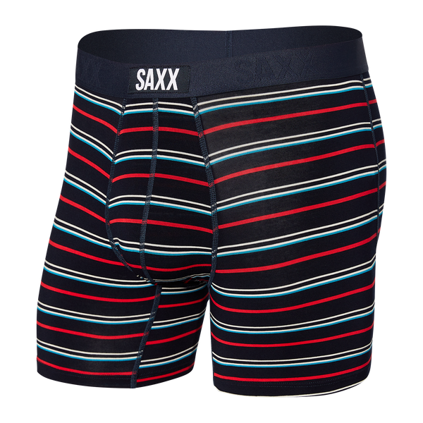 Front of Vibe Boxer Brief in Dk Ink Coast Stripe