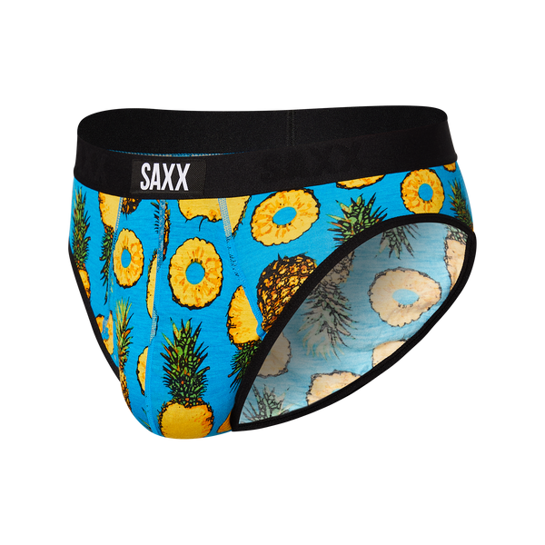 Front of Ultra Brief Fly in Polka Pineapple- Blue