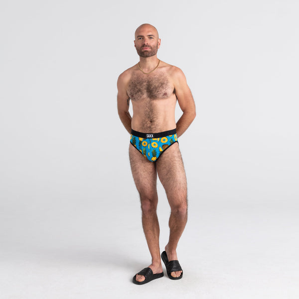 Front - Model wearing Ultra Brief Fly in Polka Pineapple- Blue