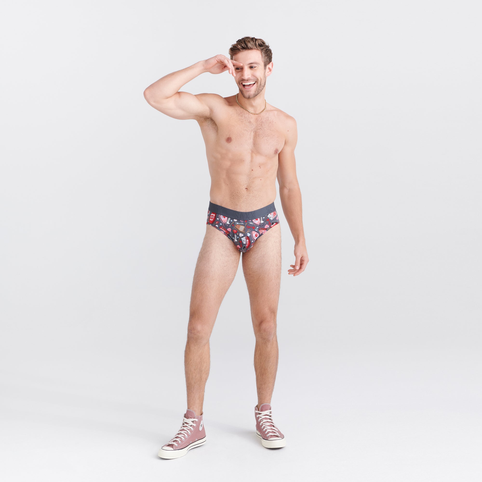 Front - Model wearing Droptemp Cooling Cotton Brief Fly in No Tell Motel- Graphite