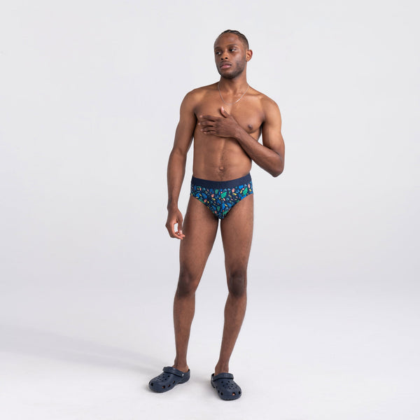Front - Model wearing DropTemp Cooling Cotton Brief in Pop Flora- Blue