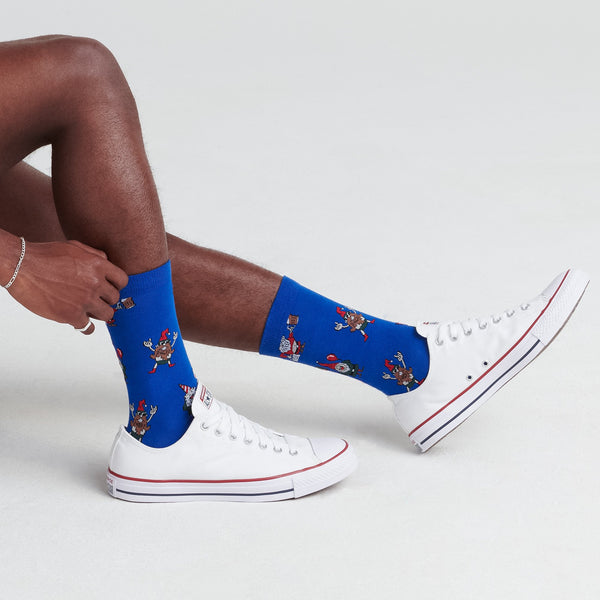 Front - Model wearing Everyday Crew Sock in Peak Blue Party Gnomes
