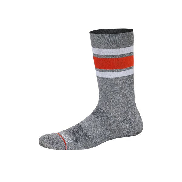 Front of Whole Package Crew Sock in Athletic Stripe- Grey