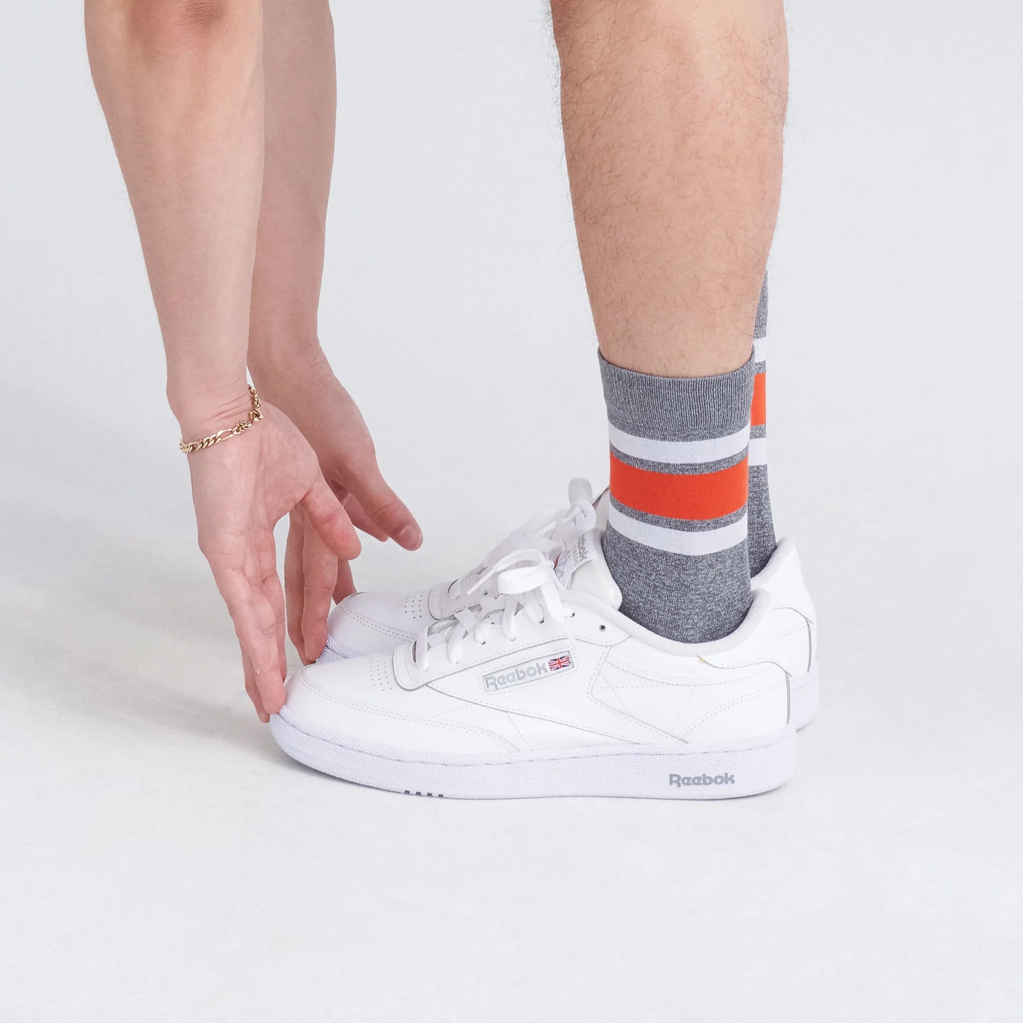 Front - Model wearing Whole Package Crew Sock in Athletic Stripe- Grey