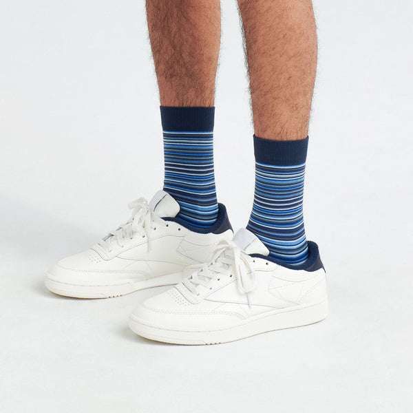 Front - Model wearing Whole Package Crew Sock in Vibrant Stripe- Navy
