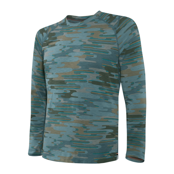 Front of Viewfinder Baselayer Long Sleeve Crew in Blue Up in Smoke Camo