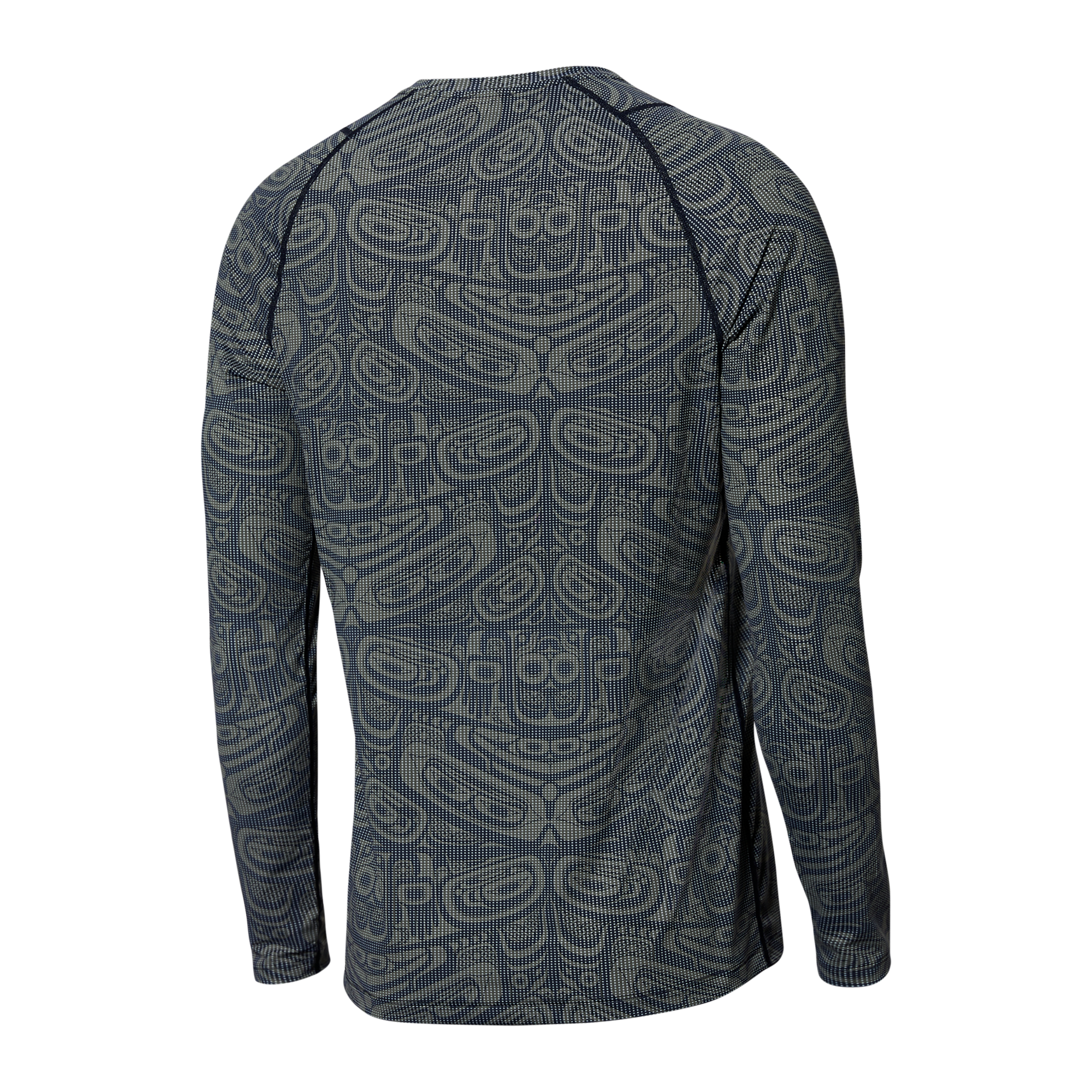 Back of Quest Quick Dry Mesh Long Sleeve Crew Baselayer in Box Design- Grey