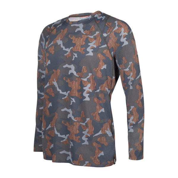 Front of Quest Baselayer Long Sleeve Crew in Navy Wood Grain Camo