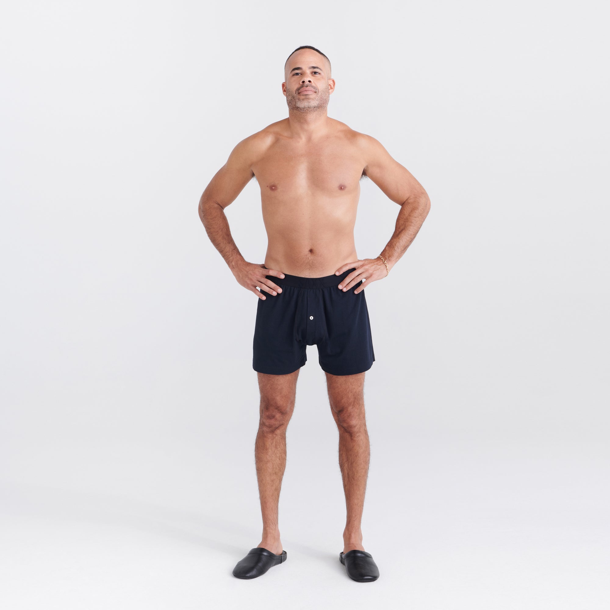 Front - Model wearing Droptemp Cooling Sleep Loose Boxer Fly in Black