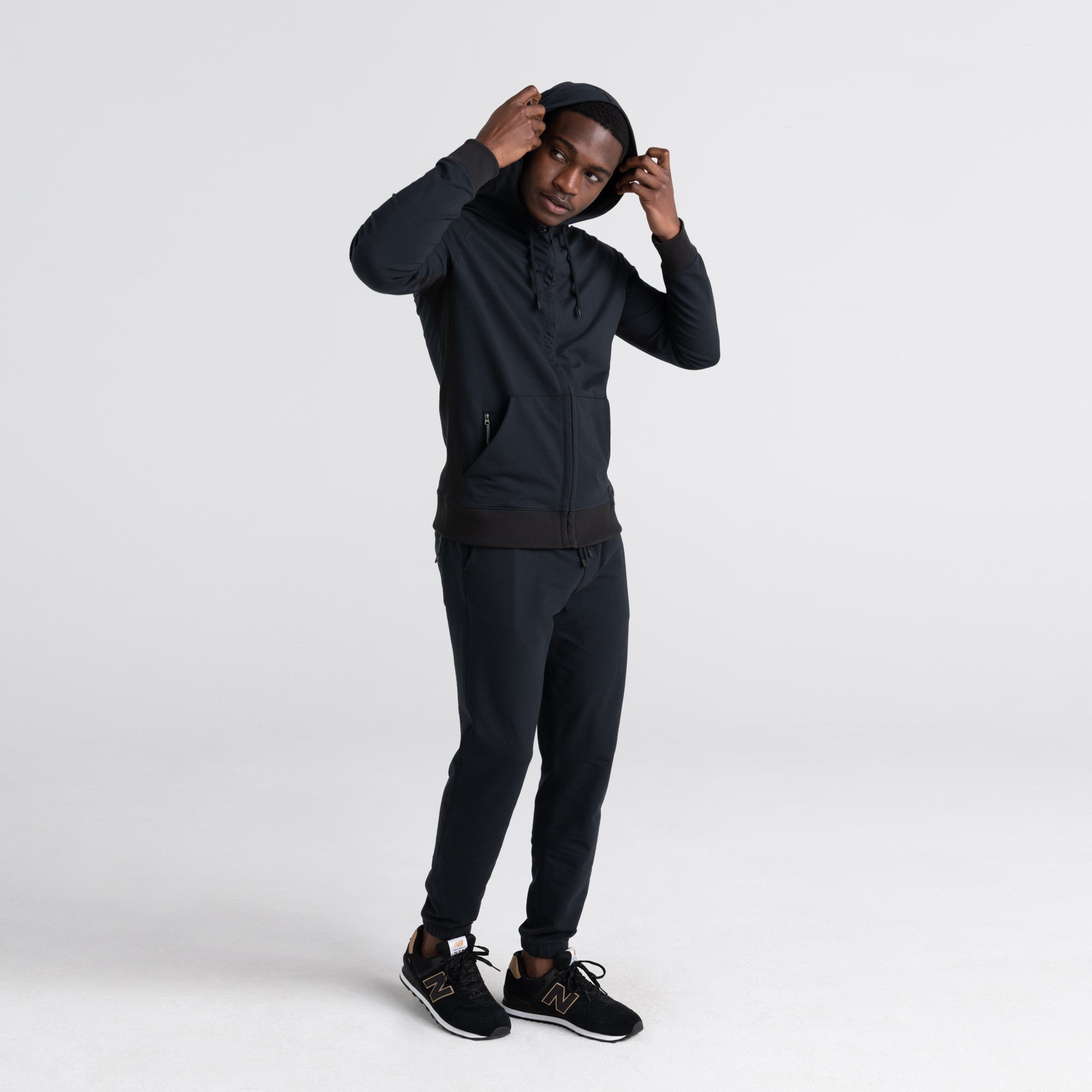 Front - Model wearing Down Time Lounge Full Zip Hoodie in Black