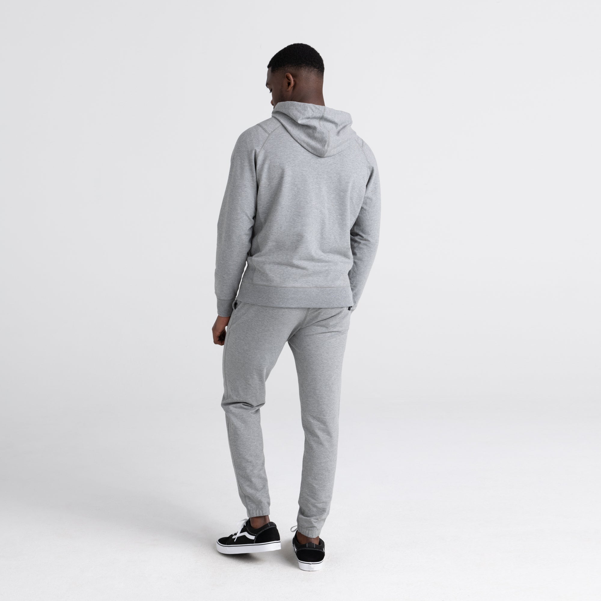 Back - Model wearing Down Time Lounge Full Zip Hoodie in Grey Heather