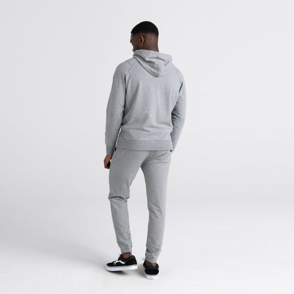 Back - Model wearing Down Time Lounge Full Zip Hoodie in Grey Heather
