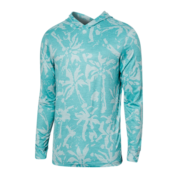 Front of Droptemp Printed All Day Cooling Hoodie in Splash Palms- Lt Aqua Htr