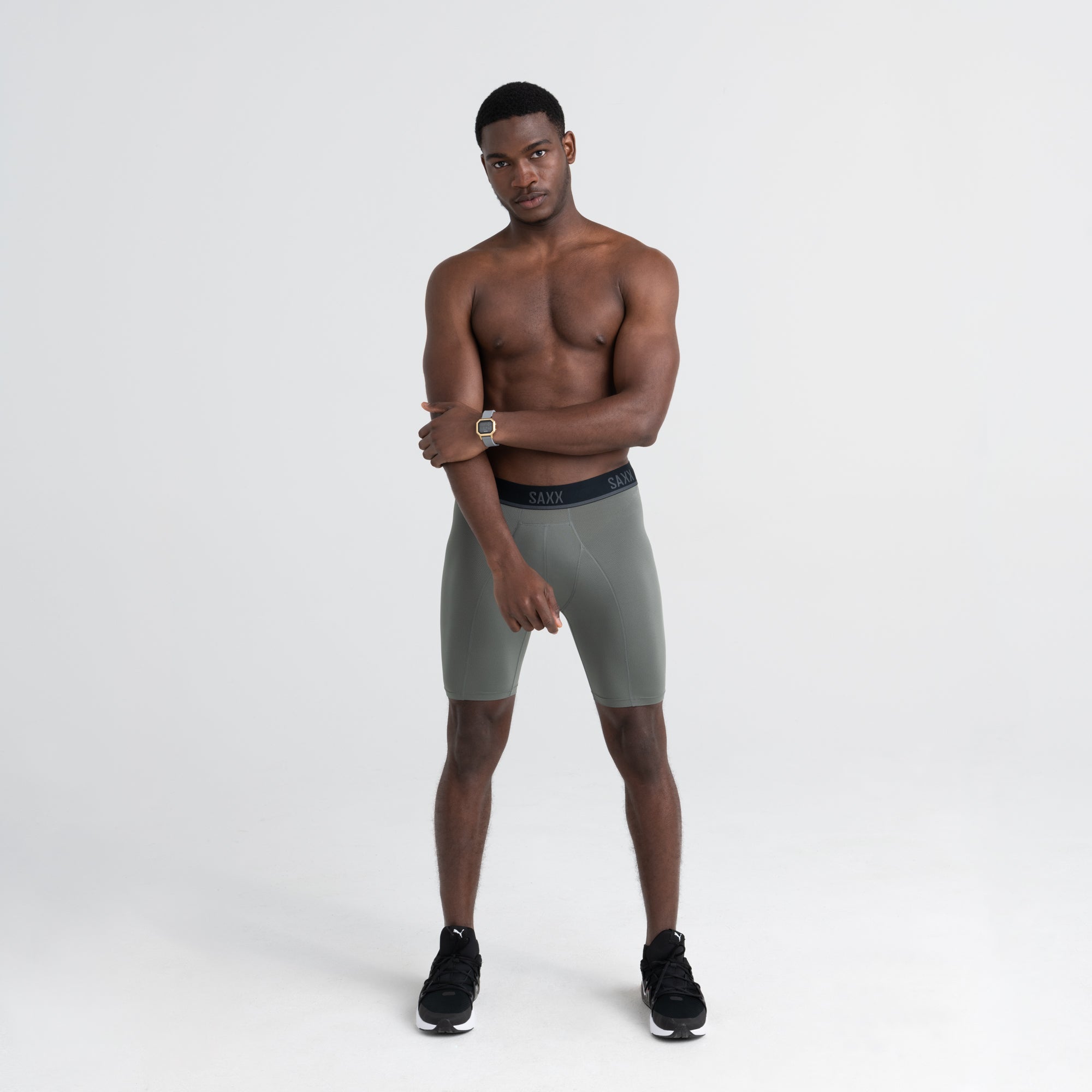 Front - Model wearing Kinetic HD Long Leg in Cargo Grey