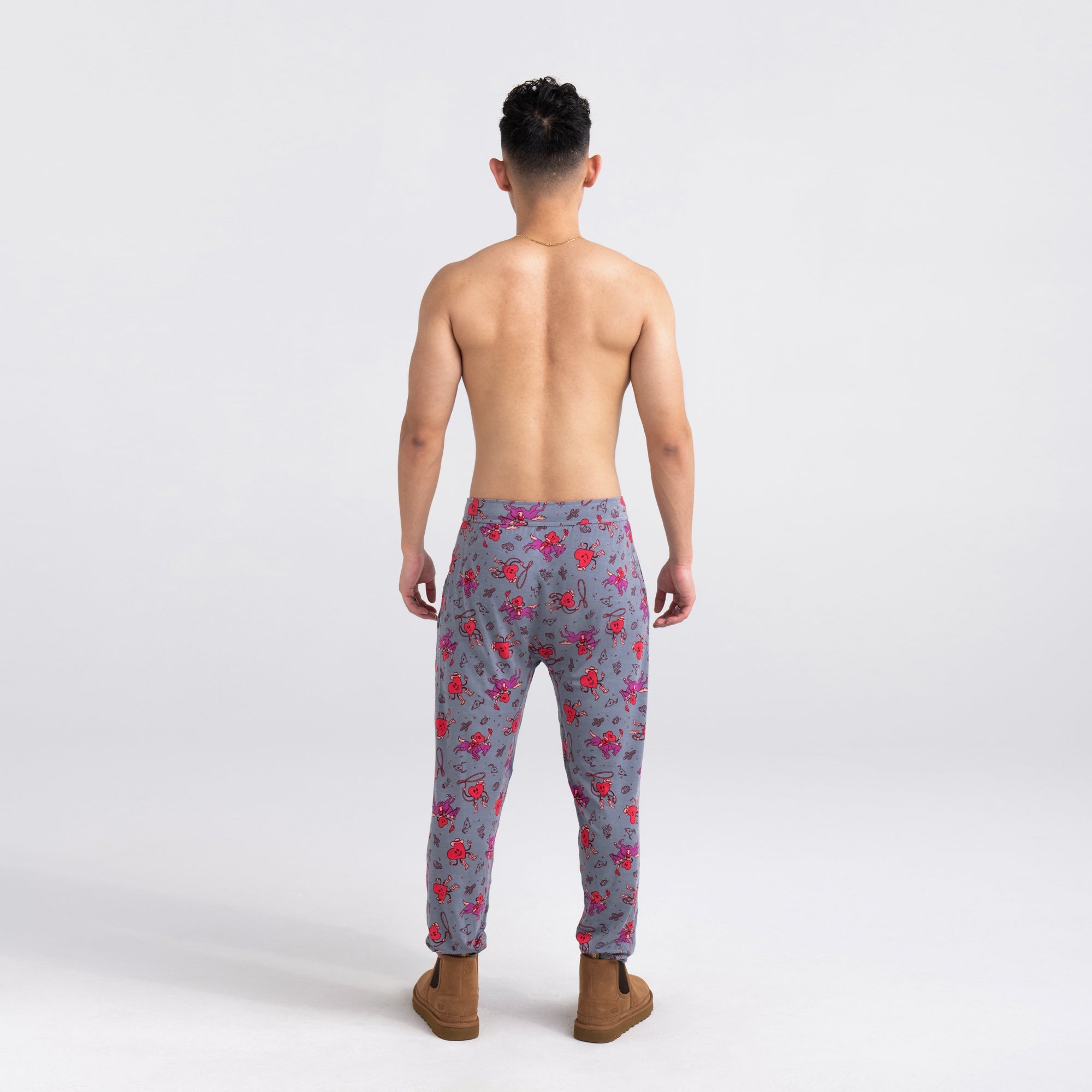 Back - Model wearing Snooze Pant in I Heart Cowboys- Grey