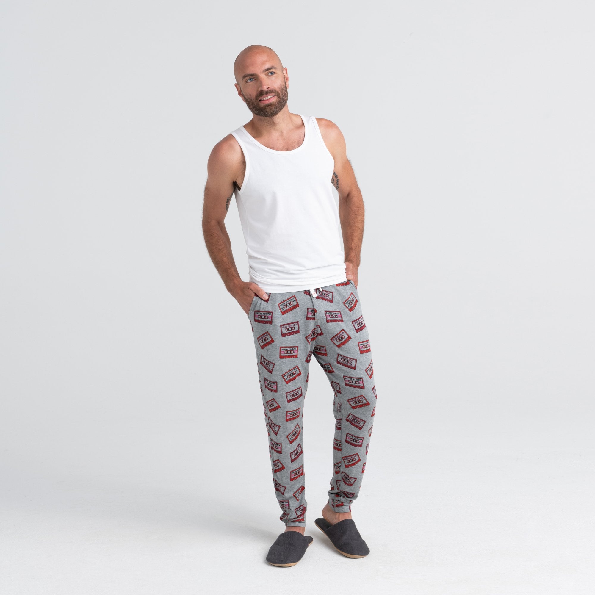 Front - Model wearing Snooze Pant in Grey Lust For Life