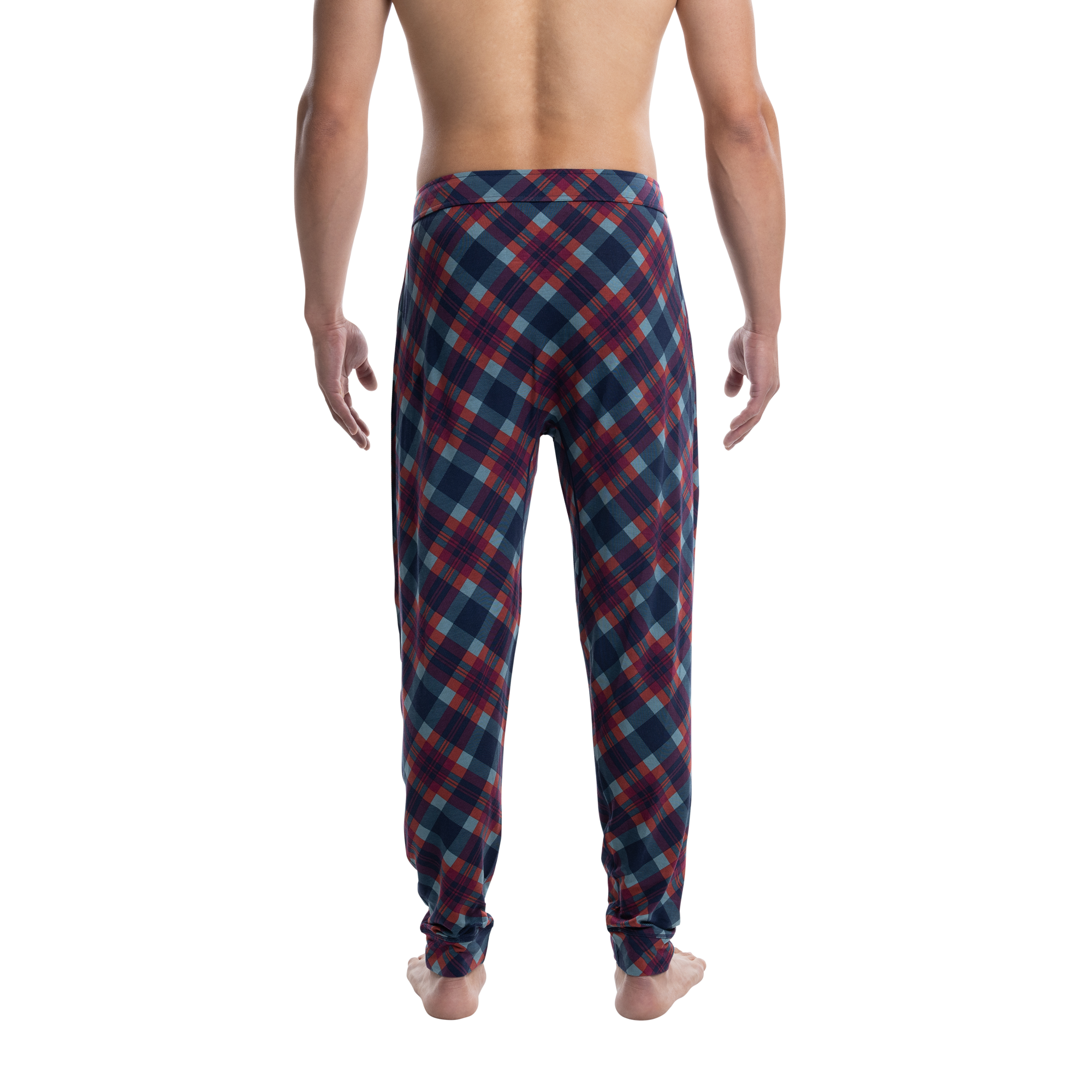 Back - Model wearing Snooze Sleep Pant in Olympia Flannel- Multi
