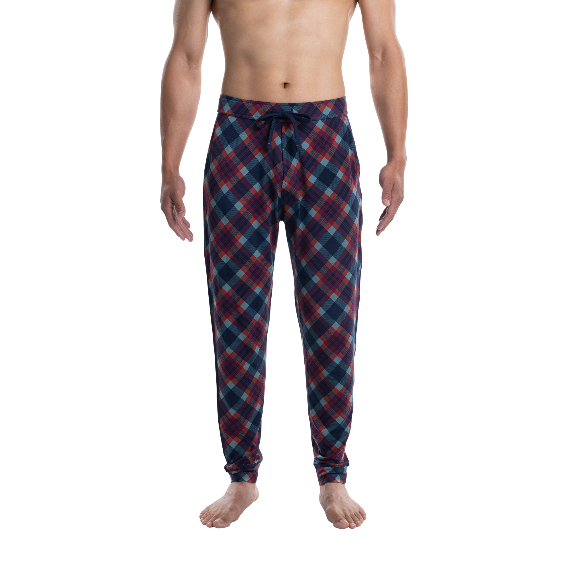 Front - Model wearing Snooze Sleep Pant in Olympia Flannel- Multi