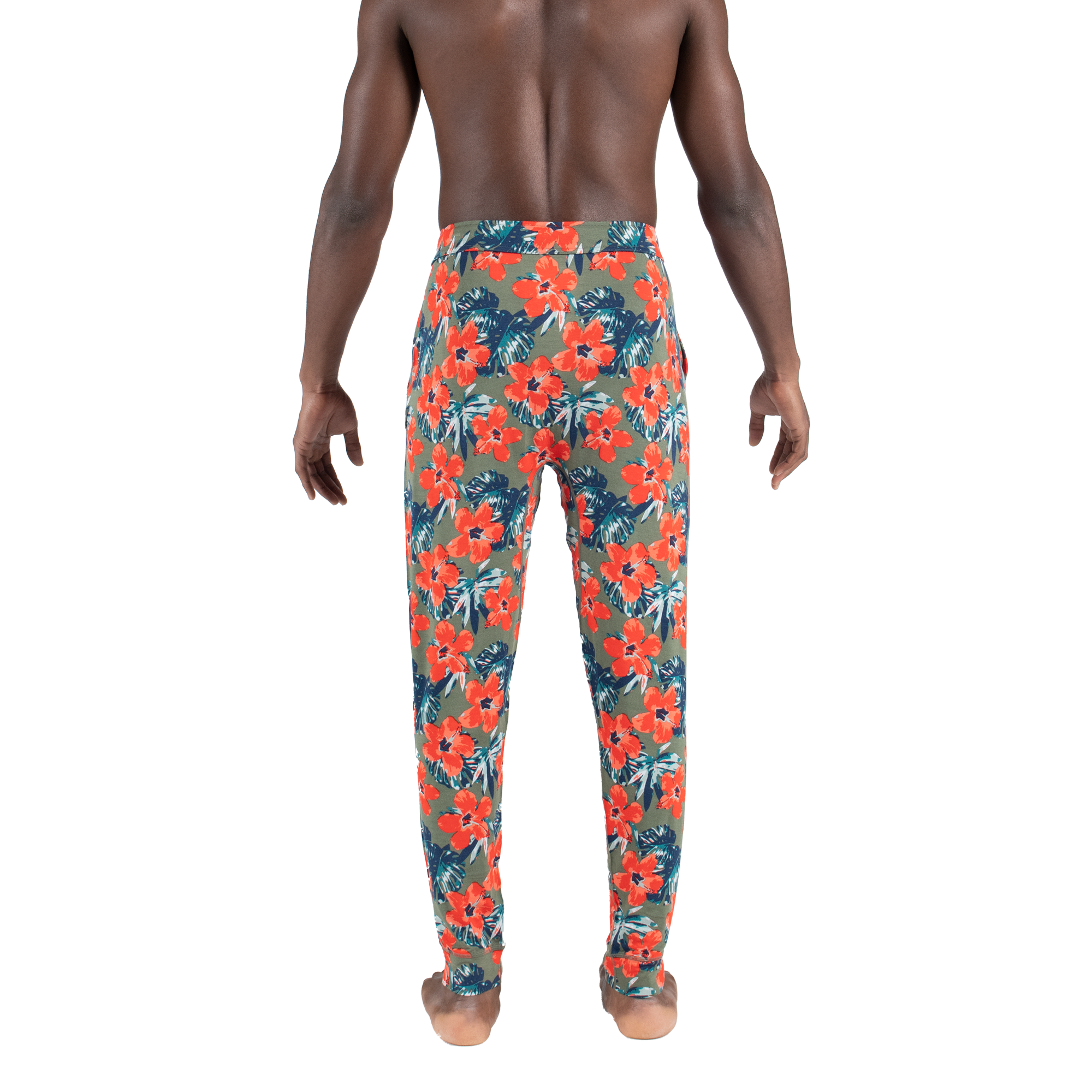 Back - Model wearing Snooze Pant in Solar Hibiscus- Multi