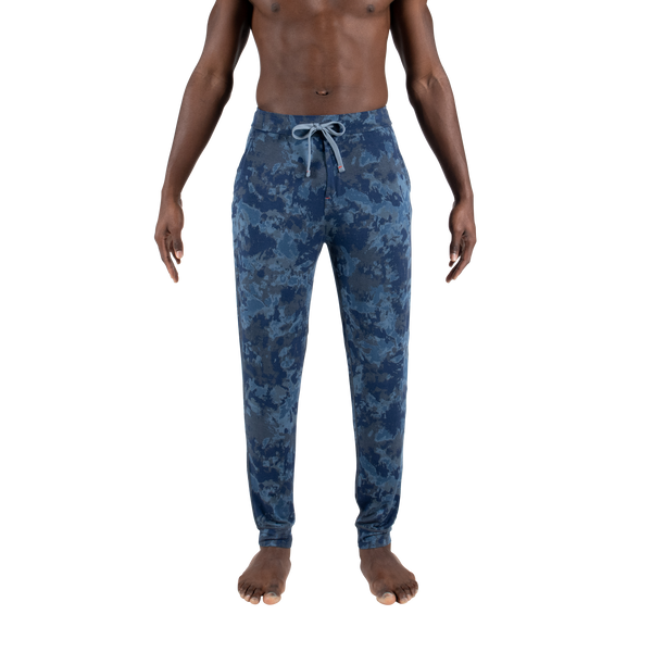 Front - Model wearing Snooze Pant in Smokey Tie Dye- Navy