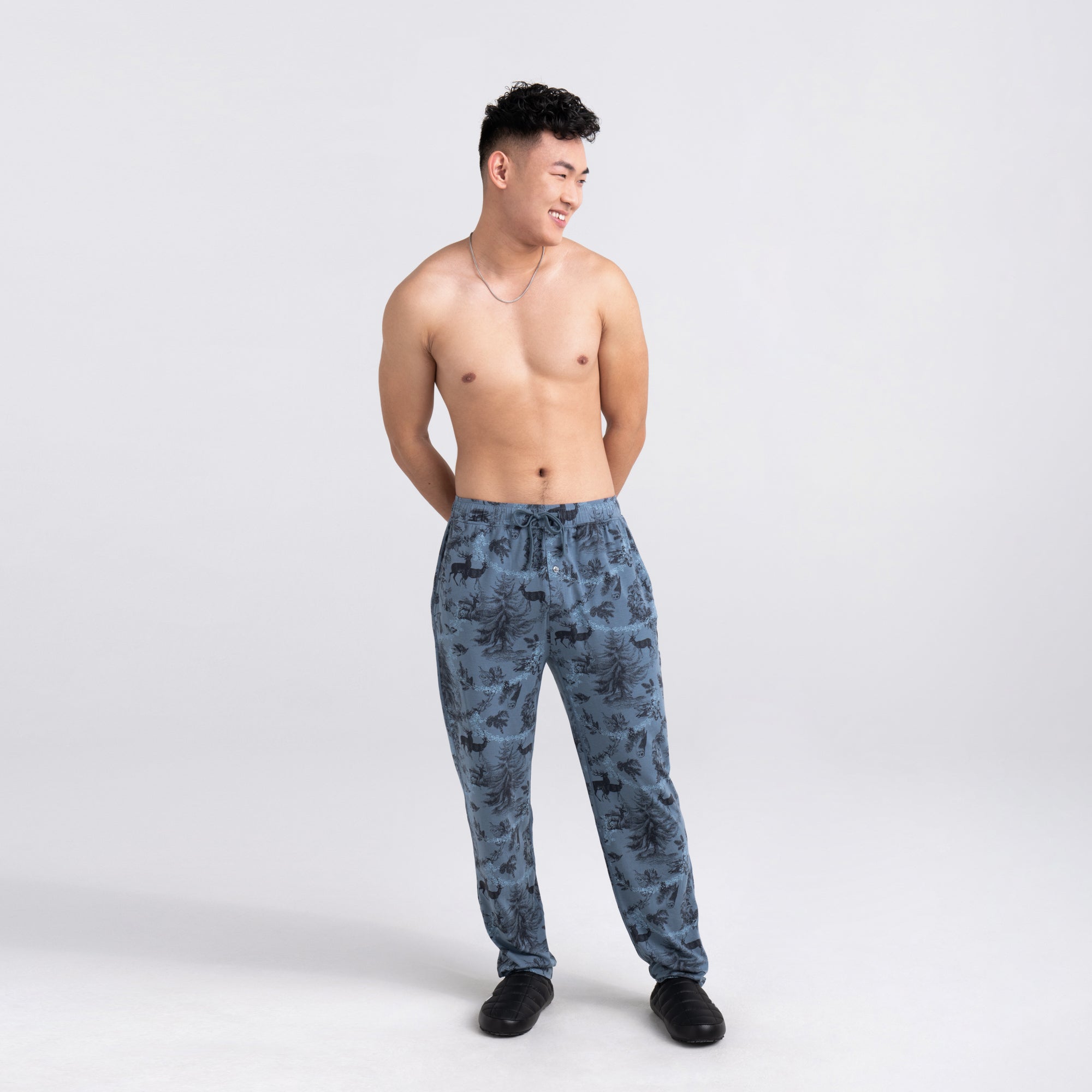 Front - Model wearing 22nd Century Silk Pant in Foile Toile- Blue
