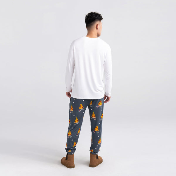 Back - Model wearing Snooze Pant in Pizza On Earth- Grey