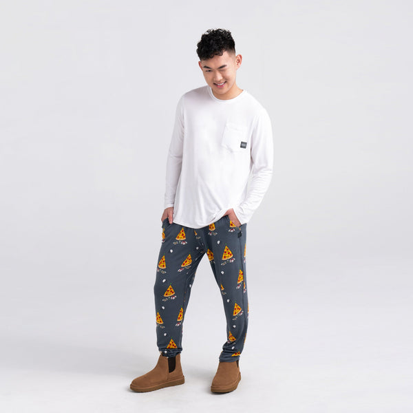 Front - Model wearing Snooze Pant in Pizza On Earth- Grey