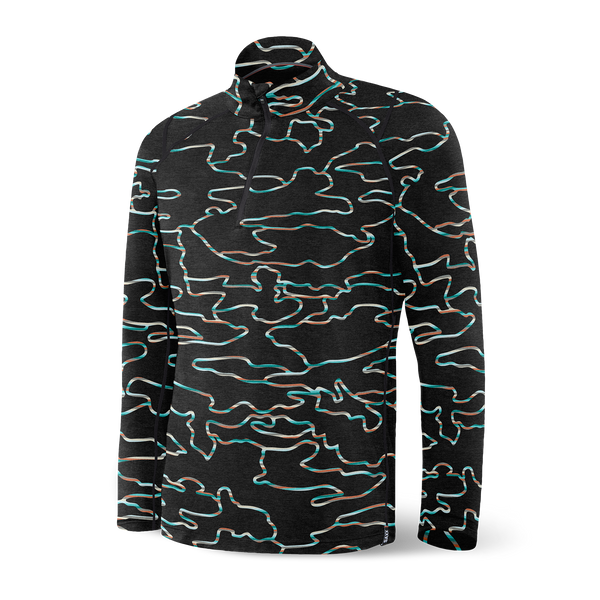 Front of Roast Master Long Sleeve 1/2 Zip Baselayer in Get Out Camo- Fd Black