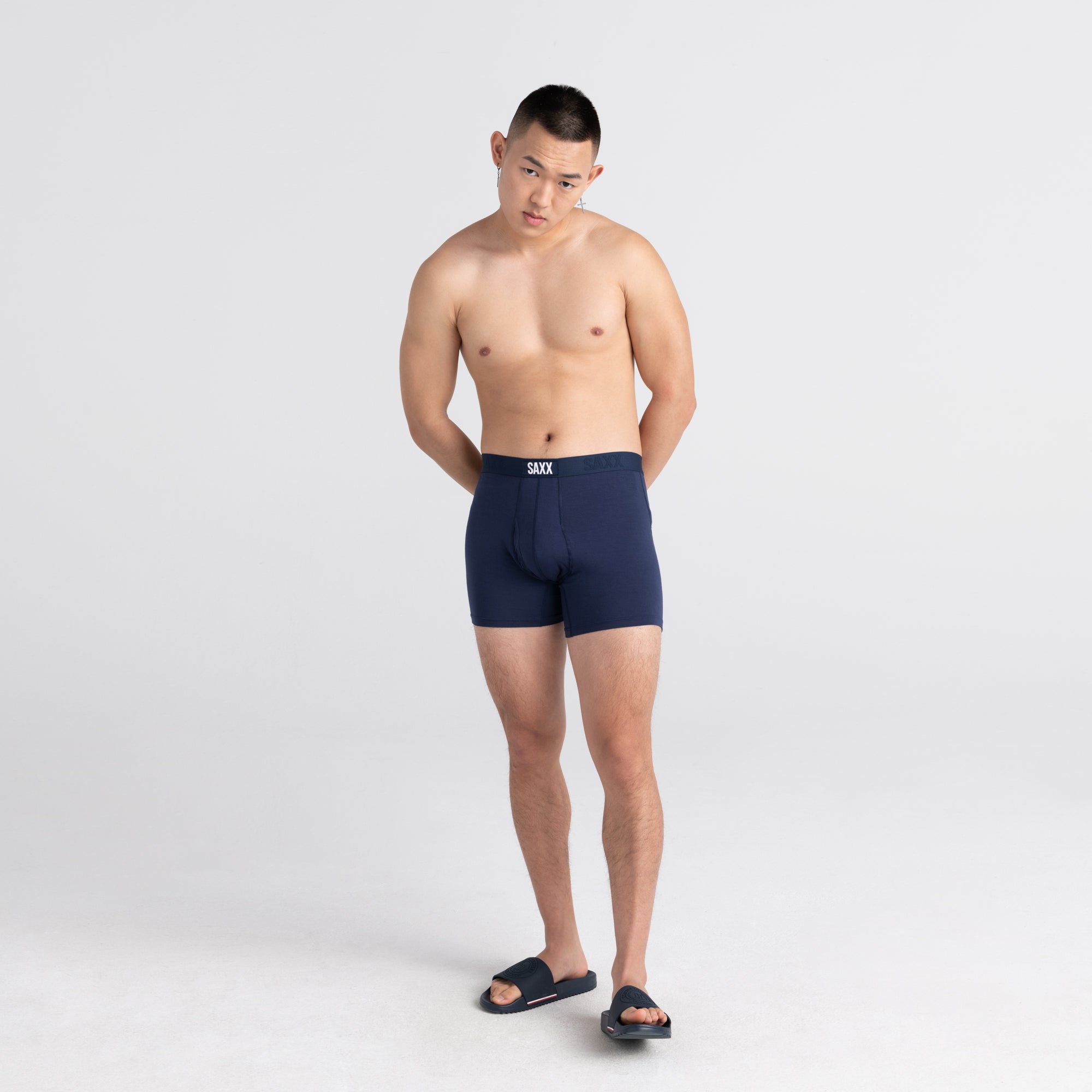 Front - Model wearing Ultra Boxer Brief Fly 2 Pack in Black/Navy