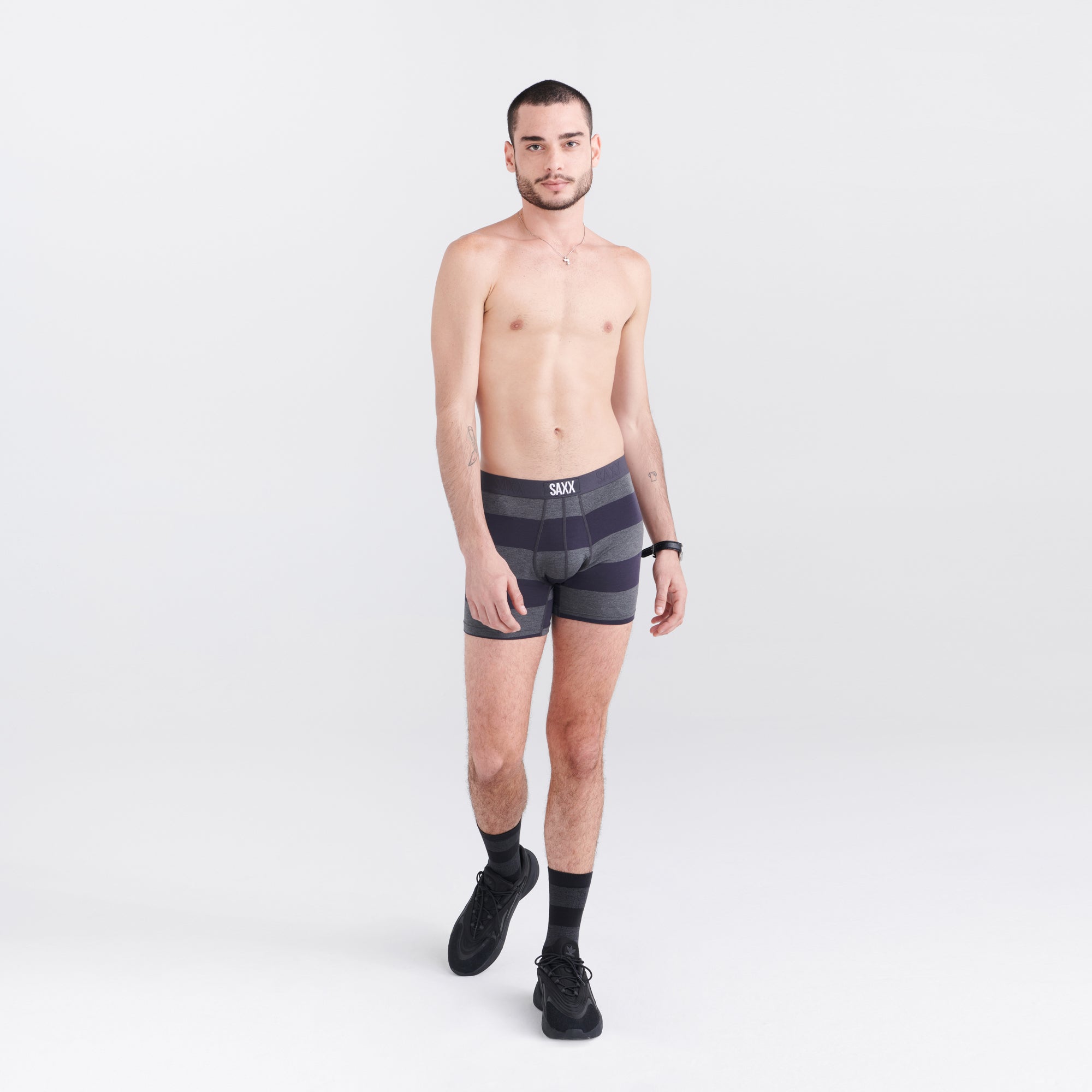 Front - Model wearing Vibe Super Soft Boxer Brief 2-Pack in Graphite Ombre Rugby/Black