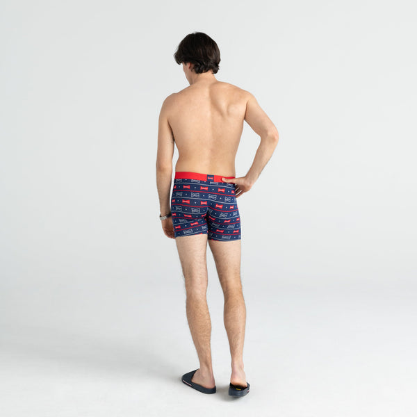 Back - Model wearing Vibe Boxer Brief 2 Pack in Starry Stripe/Premium Red