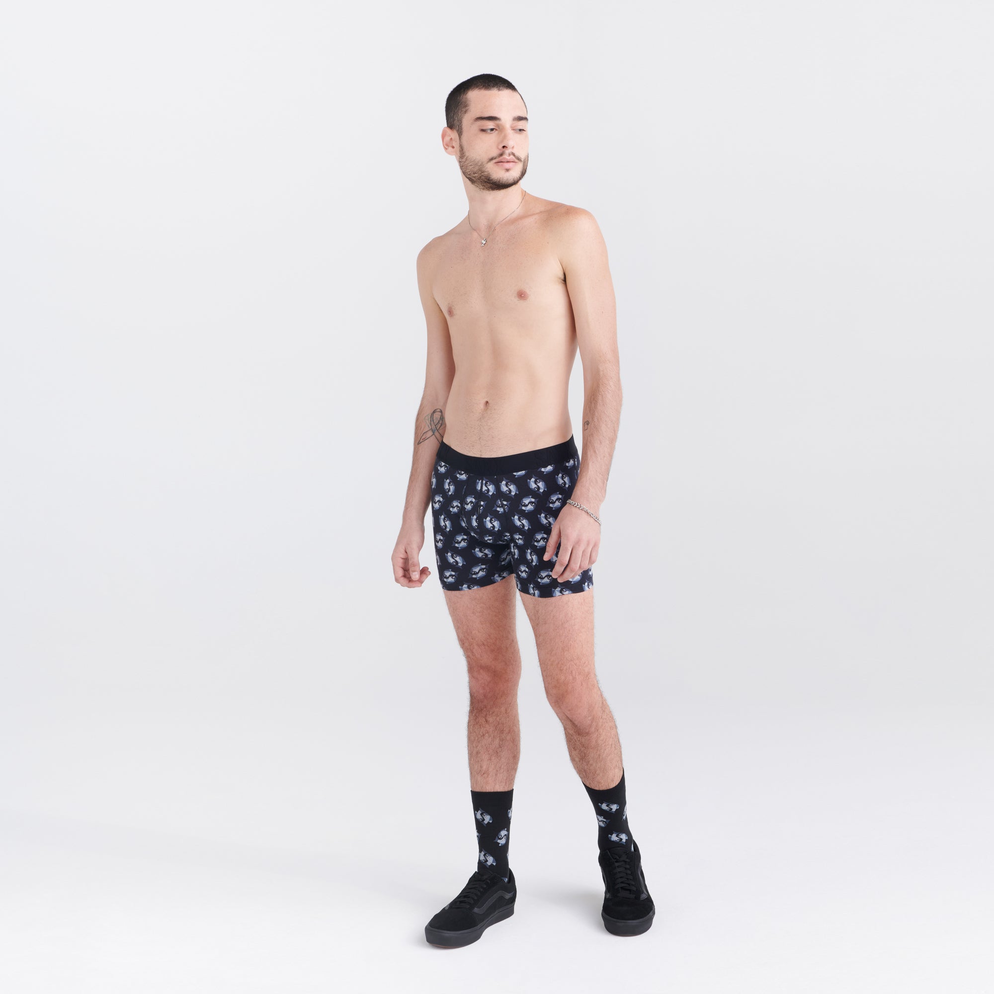 Front - Model wearing Droptemp Cooling Cotton Boxer Brief Fly 2-Pack in Angler Wrangler/Dark Grey Heather