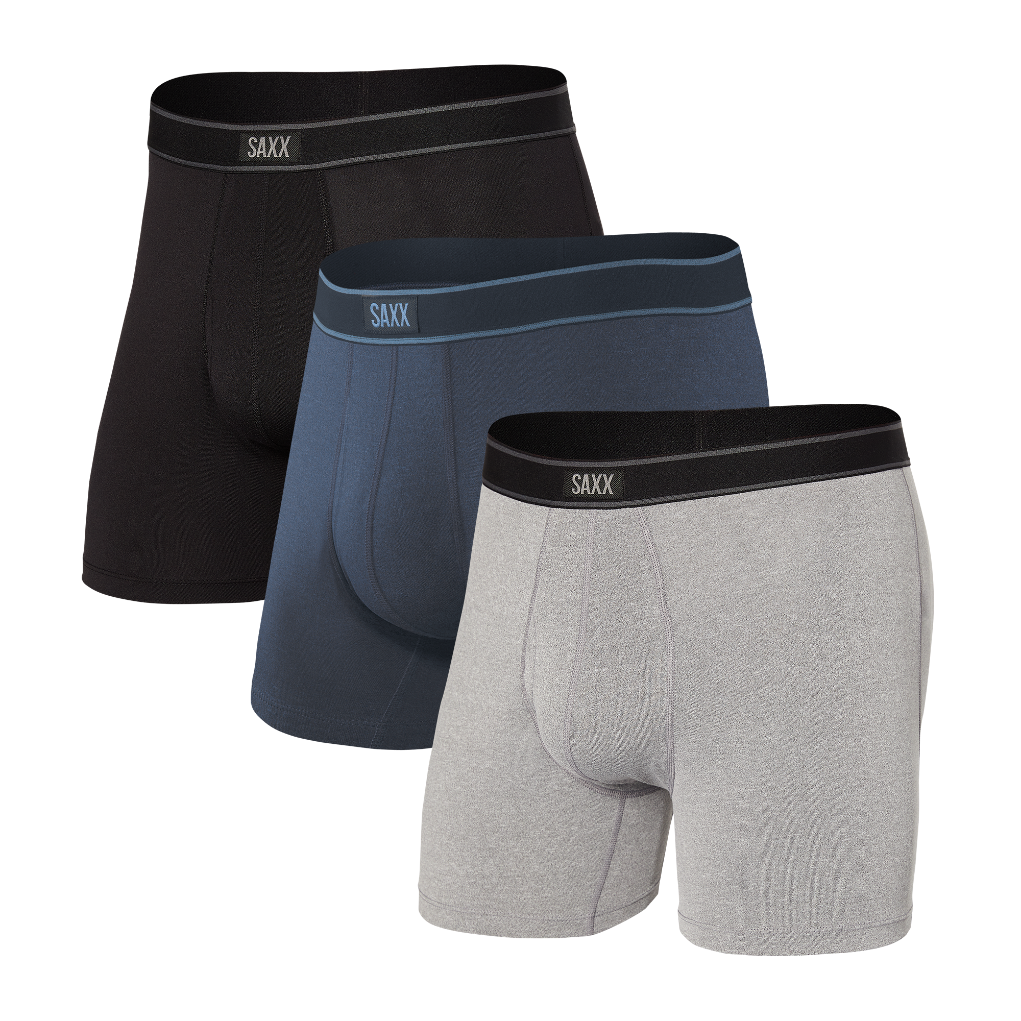 Front of Daytripper Boxer Brief Fly 3 Pack in Black/Grey/Navy