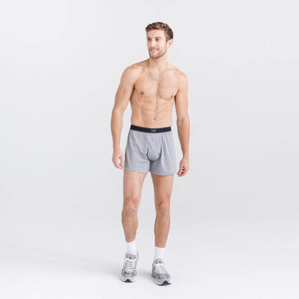 Front - Model wearing Daytripper Loose Boxer Fly 3-Pack in Black/Navy Heather/Grey Heather