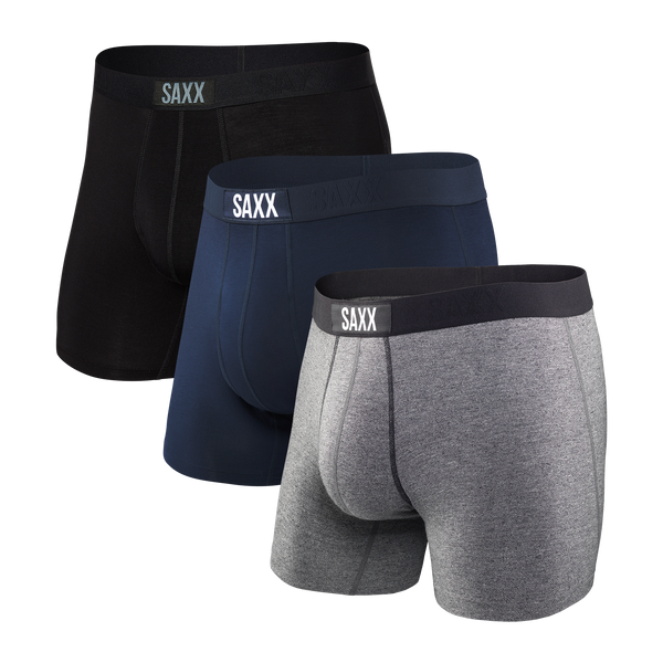 Front of Vibe Boxer Brief 3 Pack in Black/Grey/Navy
