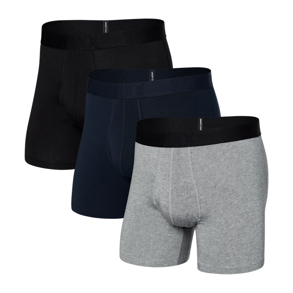 Front of Droptemp Cooling Cotton Boxer Brief Fly 3-Pack in Dark Grey Heather/Dark Ink/Black
