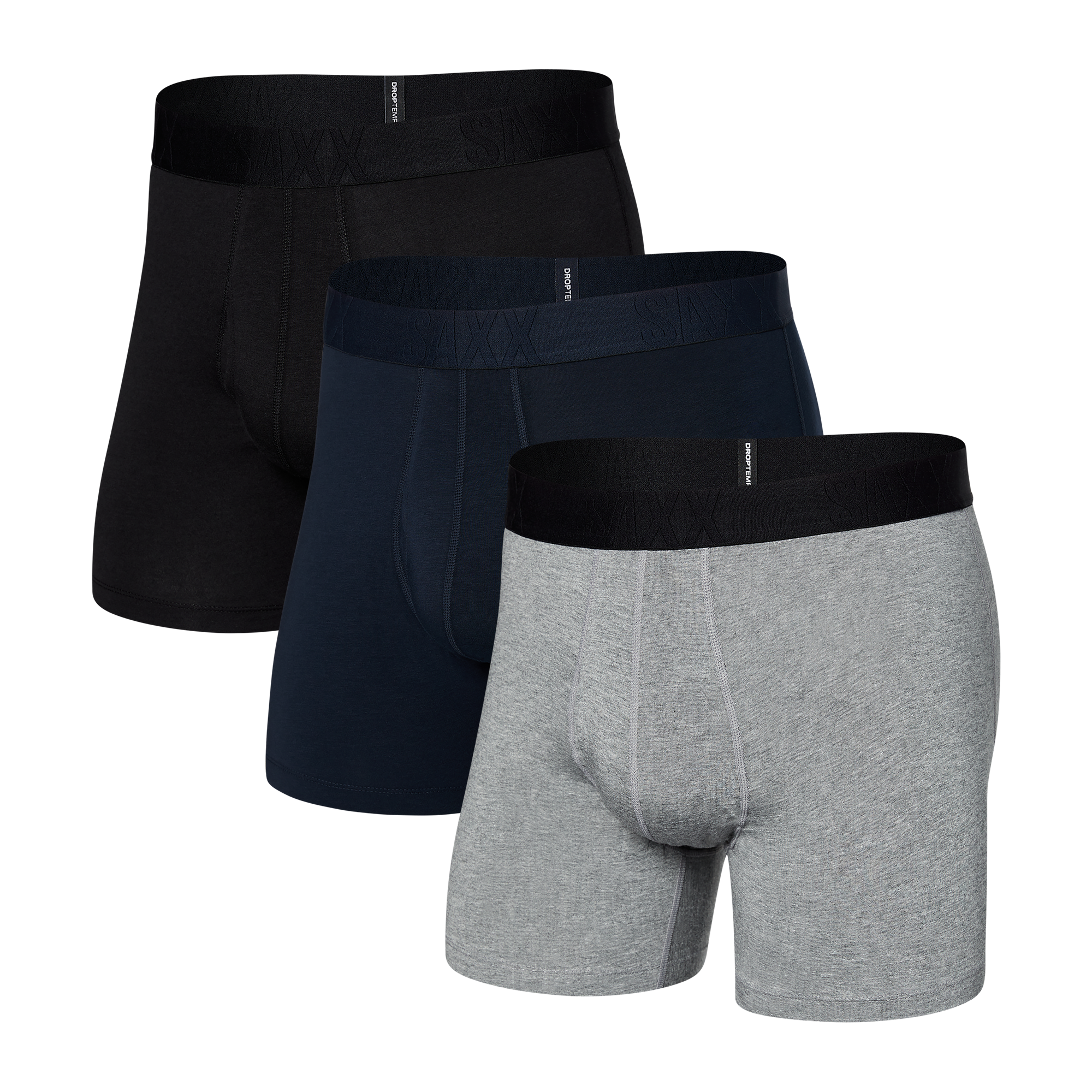 Front of Droptemp Cooling Cotton Boxer Brief Fly 3-Pack in Dark Grey Heather/Dark Ink/Black