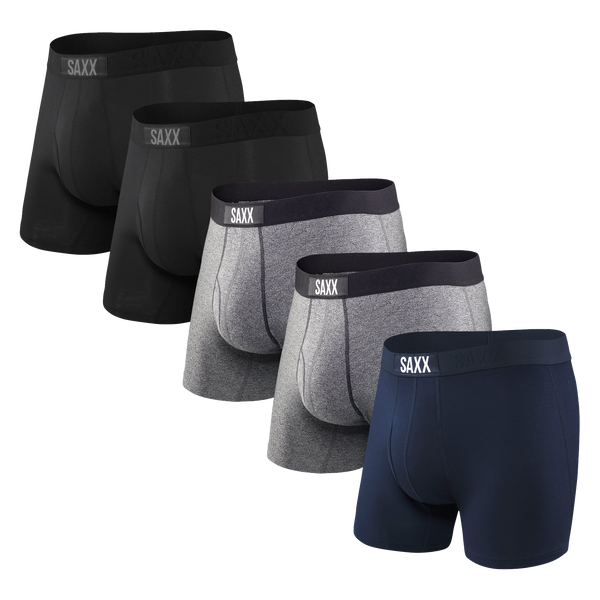 Front of Ultra Boxer Brief Fly 5 Pack in Black/Grey Htr/Navy