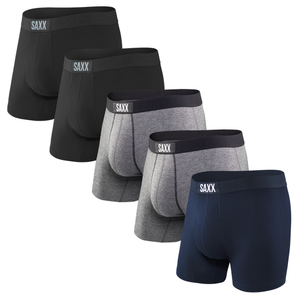 Front of Vibe Boxer Brief 5 Pack in Black/Grey Htr/Navy