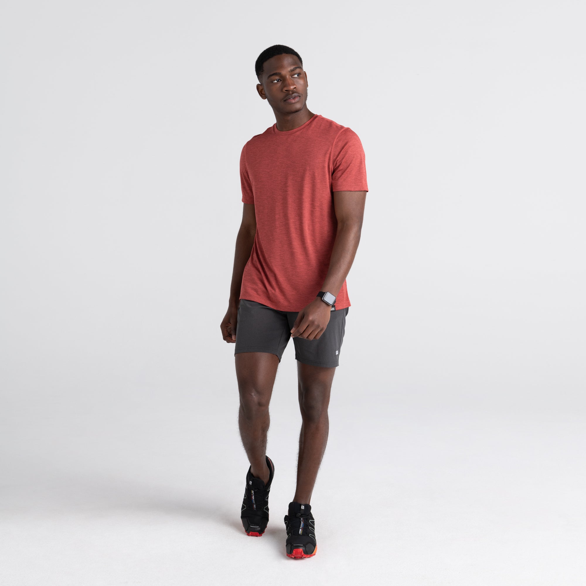 Front - Model wearing All Day Aerator Tee in Desert Red Heather