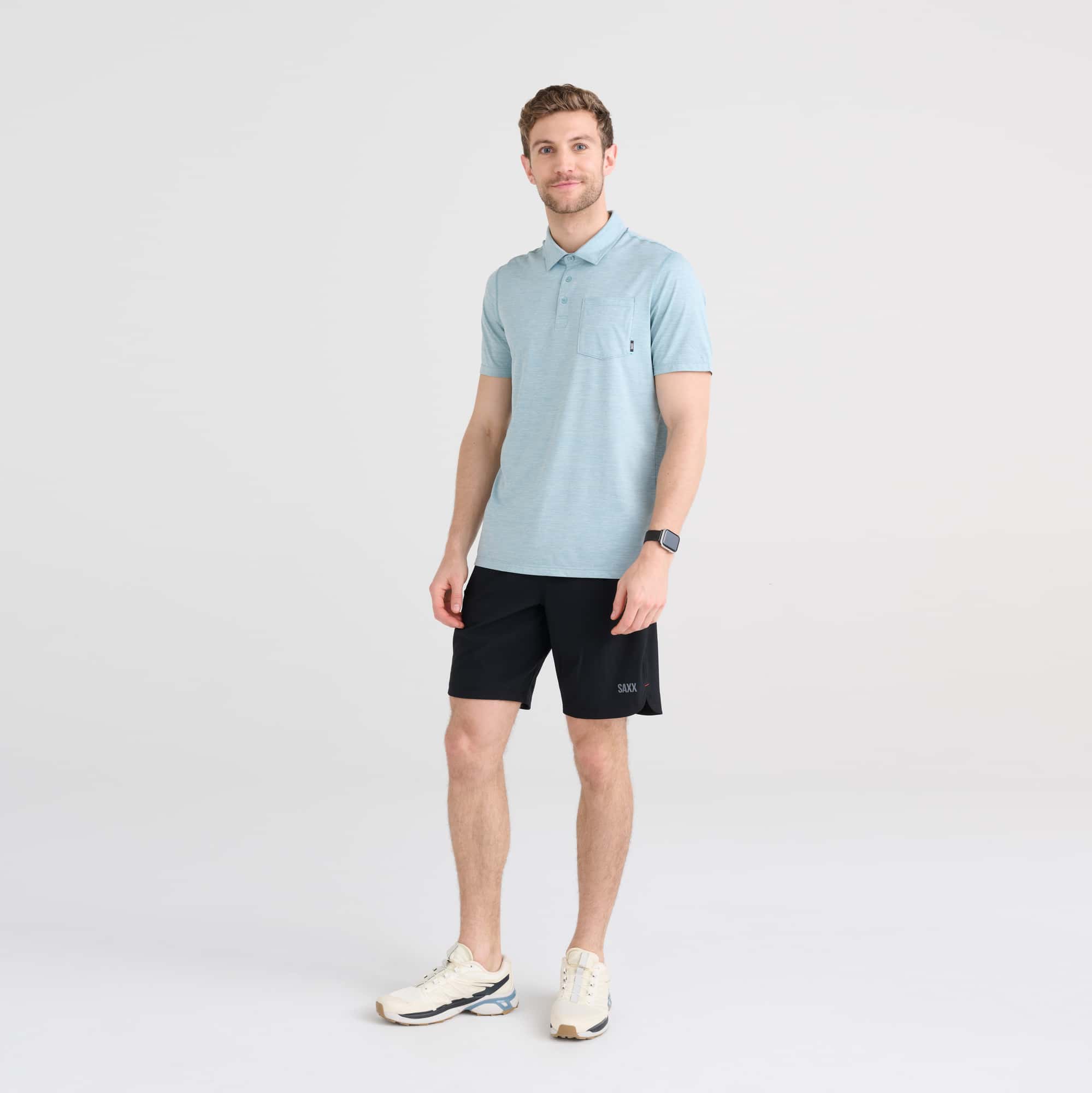 Front - Model wearing DropTemp All Day Cooling Polo in Light Aqua Heather