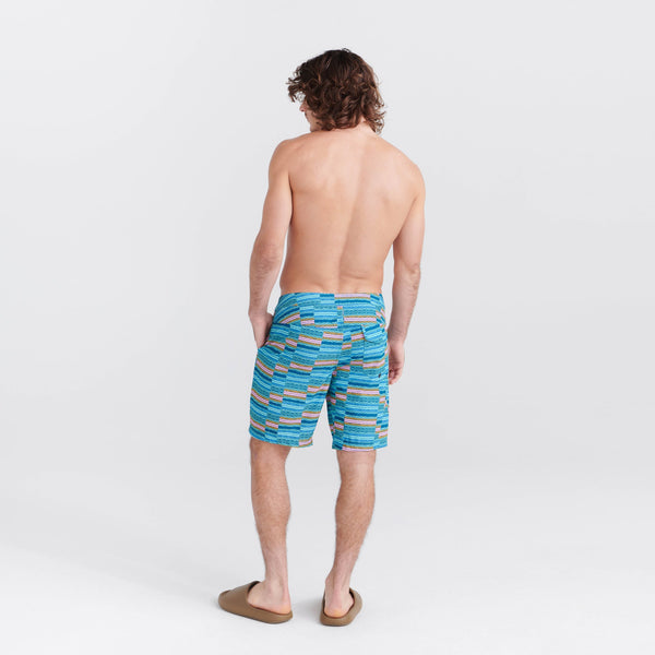 Back - Model wearing Betawave 2N1 Swim Board Short Long in Asher Stripe- Sea Foam