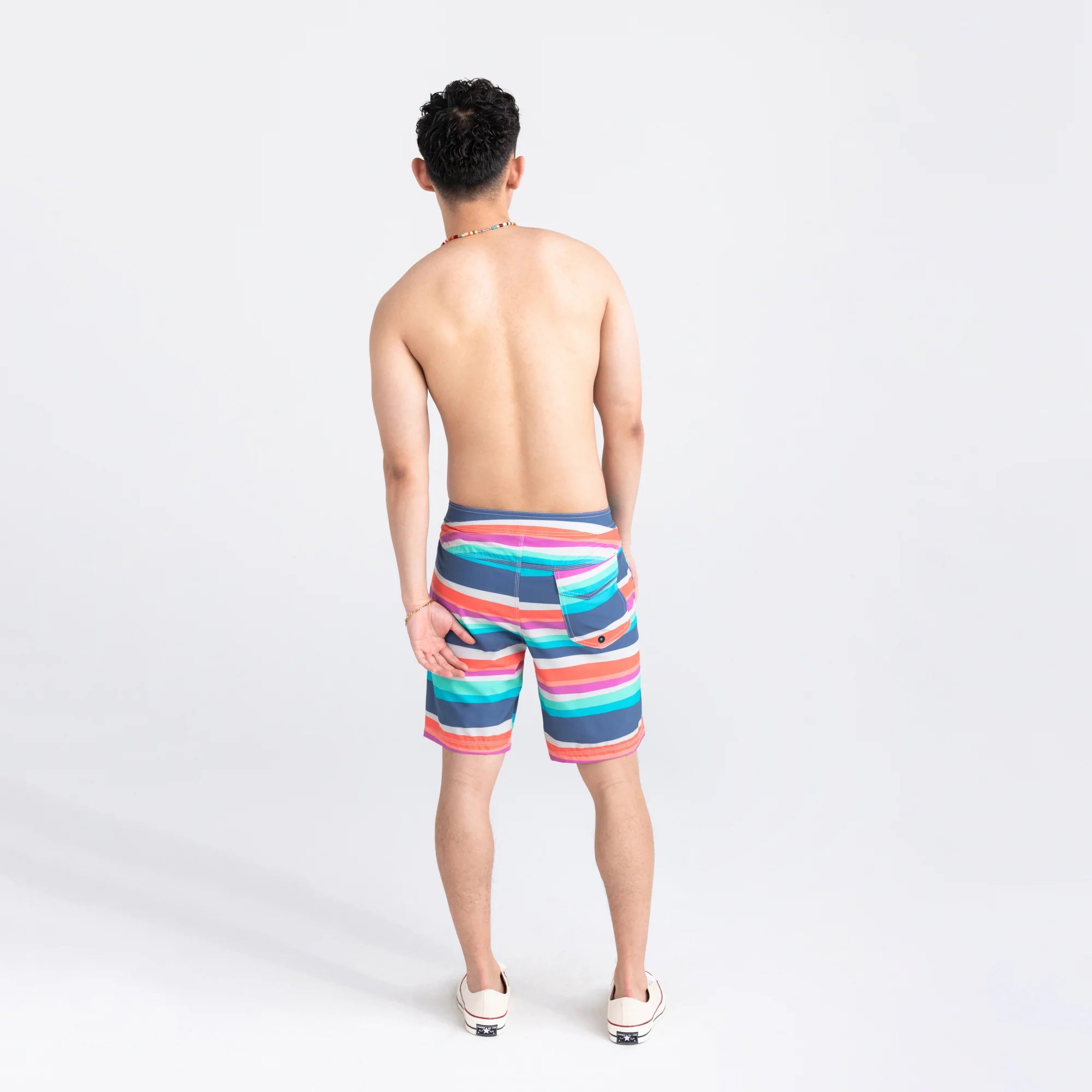 Back - Model wearing Betawave 2N1 Swim Board Short 19" in Cutback Stripe- Multi