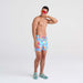 Front - Model wearing Oh Buoy 2N1 Swim Trunk 5" in Coast 2 Coast- Blue Multi