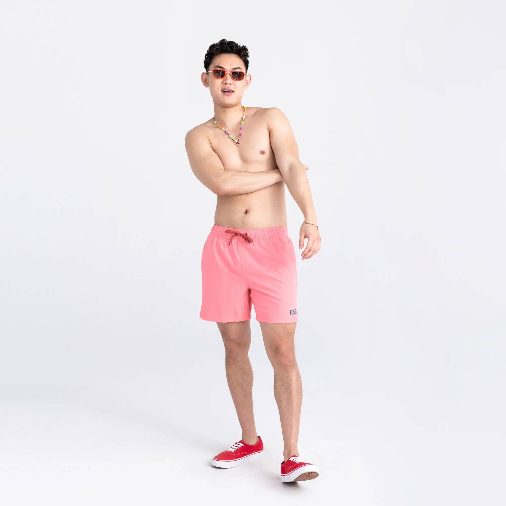 Front - Model wearing Oh Buoy 2N1 Swim Volley Short 5" in Flamingo