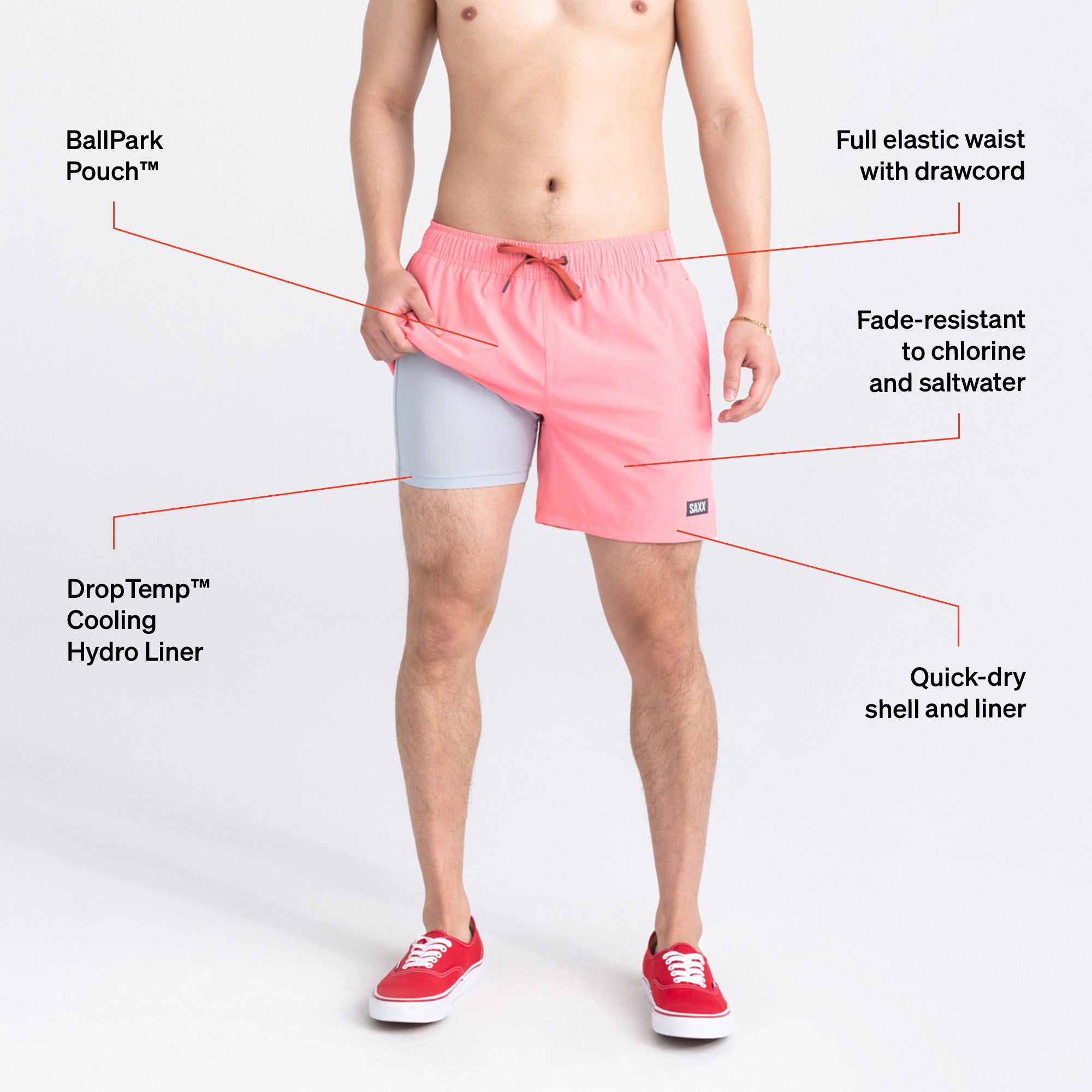 Man in pink swim shorts and red shoes lifting short leg to reveal liner