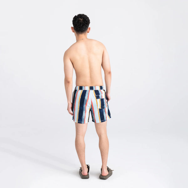 Back - Model wearing Oh Buoy 2N1 Swim Volley Short 5" in H20 Stripe- Blue