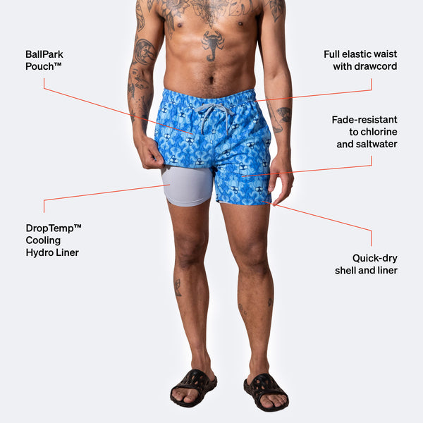 Man in blue snorkel swim shorts and sandals lifting short leg to reveal liner